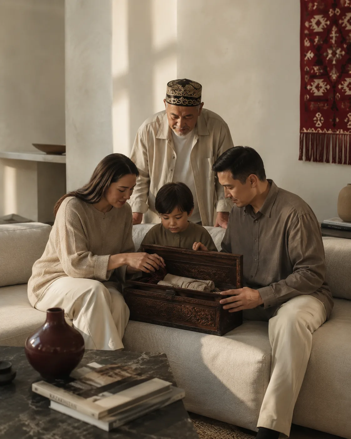 Family with heirloom box in a warm-lit modern home